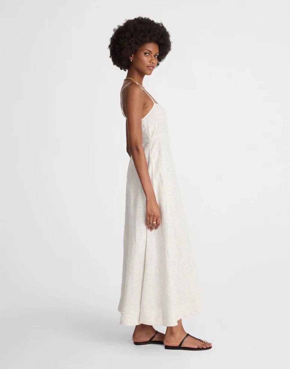 NEW Madewell Striped Empire Waist Midi Dress Linen Ivory SIZE Large - Picture 3 of 11